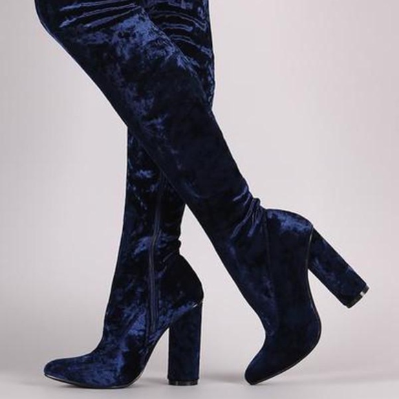 Cape Robbin Shoes - Crushed Velvet Navy Thigh High Heel Boots